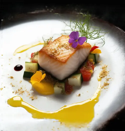 Seared fish plated with vegetables and edible flowers