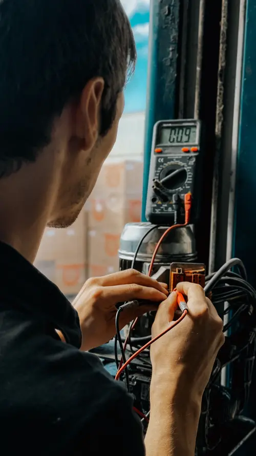 Electrician using a multimeter to test a control panel