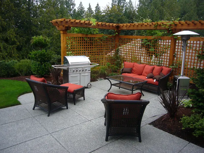 Landscaped backyard with garden beds and patio
